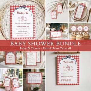May include: A Baby-Q themed baby shower stationery bundle featuring a red and white gingham pattern, navy blue arched borders, and illustrations of a grill, burger, and hot dog. Includes invitations, menus, tags, signs, and game cards.