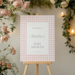Baby Shower Welcome Sign Template Pink Gingham Baby Shower Poster Editable Classic Baby Shower Banner  Girl Baby Shower Decor
