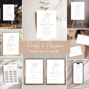 Paquete de despedida de soltera con perlas y prosecco Juego de invitaciones minimalistas con perlas y prosecco Decoraciones imprimibles para despedida de soltera Paquete de despedida de soltera