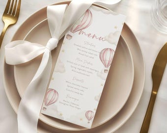 Hot Air Balloon Baby Shower Menu Template: Pink Theme (Canva Editable, 4x9" Digital Download)