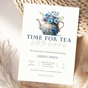 Floral Tea Party Bridal Shower Invitation Template (Canva Editable)