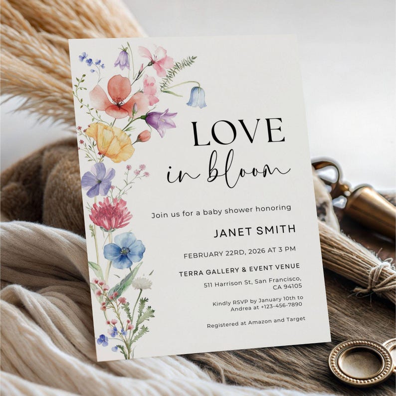 May include: A baby shower invitation with the text "LOVE in bloom" and floral watercolor illustrations in pink, orange, yellow, blue, and purple. The invitation includes event details for Janet Smith.