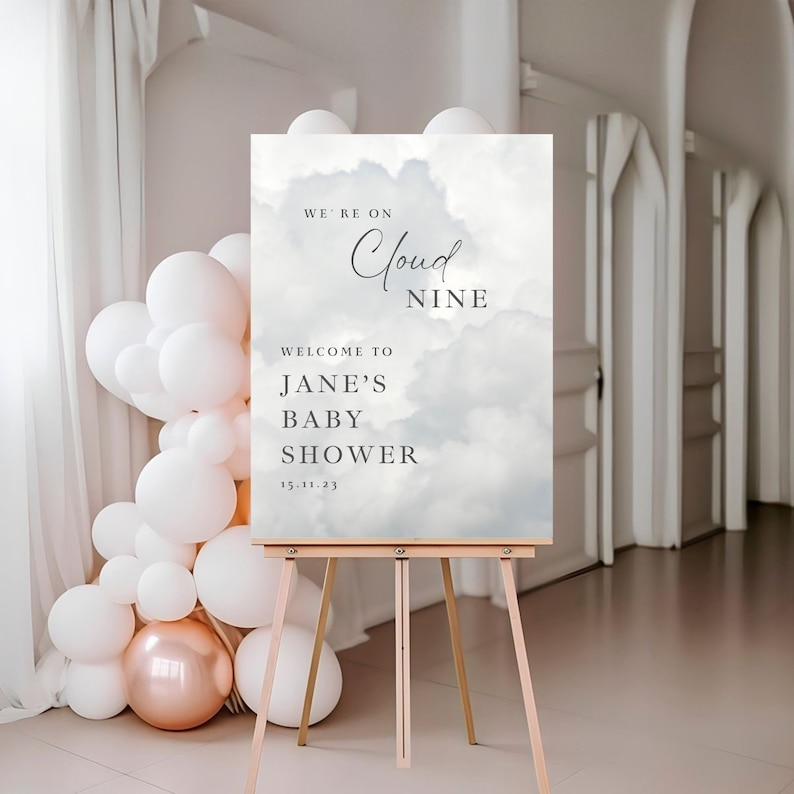 May include: A white and blue baby shower sign with a cloud background and the text "We're on Cloud Nine. Welcome to Jane's Baby Shower 15.11.23"