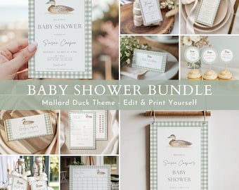 May include: A baby shower bundle with a mallard duck theme. The set includes invitations, tags, menus, and other stationery items. The designs feature a watercolor illustration of a duck and a green and white gingham pattern. The text "Baby Shower" is prominently displayed.