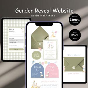 May include: A gender reveal website design with a "Waddle it Be?" theme. The design includes a tablet and smartphone displaying invitation details, RSVP forms, and baby-themed graphics. The design includes the text "Editable Canva Template" and "With RSVP Form".
