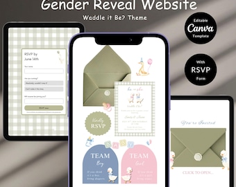 Puede incluir: Un diseño de sitio web de revelación de género con el tema "Waddle it Be?". El diseño incluye una tableta y un teléfono inteligente que muestran los detalles de la invitación, los formularios RSVP y gráficos con temas de bebés. El diseño incluye el texto "Editable Canva Template" y "With RSVP Form".