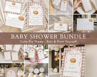 May include: A baby shower stationery bundle featuring a brown and white gingham pattern with watercolor pie illustrations. The set includes invitations, thank you tags, menus, diaper raffle cards, book request cards, table signs, and a welcome sign.