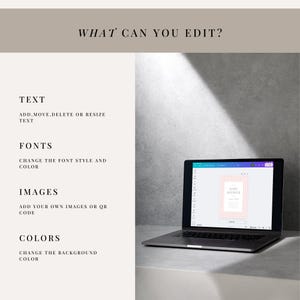 May include: A laptop displaying a baby shower invitation with a pink gingham pattern. The screen is open on a white surface. Text on the screen reads "Baby Shower". The image also includes text: "What can you edit?" and options for text, fonts, images, and colors.