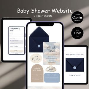 May include: A baby shower website template displayed on three devices. The design includes a navy blue envelope with a wax seal, RSVP forms, and cloud-themed invitations. The text includes "Baby Shower Website" and "Editable Canva Template."