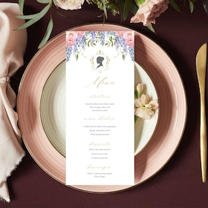 Wydrukuj szablon karty menu kolacji Menu w stylu wiktoriańskim z motywem kwiatowym Ustawienie stołu na wieczór panieński Szablon menu weselnego w stylu Bridgerton