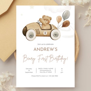 Modèle d'invitation de premier anniversaire Beary à imprimer, ours neutre, inviter un ours en peluche numérique pour 1er anniversaire, carte d'anniversaire ours