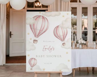 Hot Air Balloon Baby Shower Welcome Sign: Pink Theme (18x24'') (Printable Digital Download)