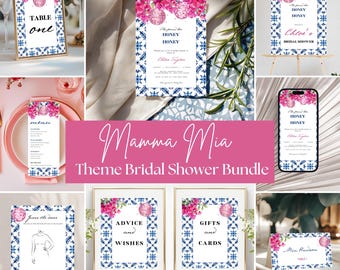 Mamma Mia Bridal Shower Bundle: Mediterranean Decor, Games (Printable Canva Templates)