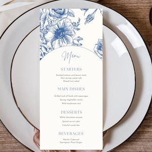 Plantilla de menú de cena de despedida de soltera con flores para imprimir, decoración de mesa con tarjeta de cena azul vintage, configuración de mesa de despedida de soltera victoriana