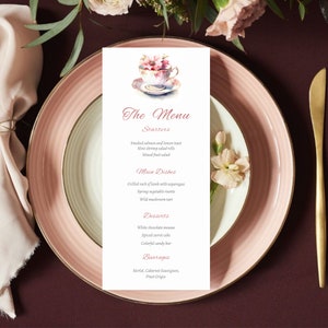 Czas na menu kolacji na herbatę Szablon menu kolacji na przyjęcie herbaciane Wydrukuj kartę menu kolacji Ogród Herbatka Przyjęcie Panny Młodej Dekoracja stołu