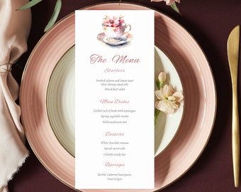 Tea Party Bridal Shower Menu Template: Floral Teacup Design (Digital Download)