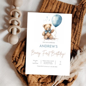 Beary Erster Geburtstag Einladungsvorlage Druckbarer Blauer Bär Laden 1st Birthday Teddybär Digitale Einladung Neutrale Bär Geburtstagskarte ein