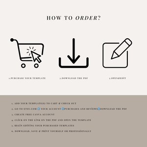 May include: A beige graphic with the text "HOW TO ORDER?" and instructions for purchasing and editing a template. The steps include purchasing, downloading a PDF, and opening the template for editing.