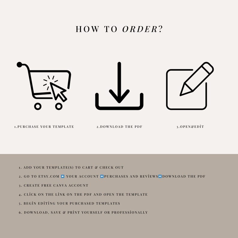 May include: A beige graphic with the text "HOW TO ORDER?" and instructions for purchasing and editing a template. The steps include purchasing, downloading a PDF, and opening the template for editing.