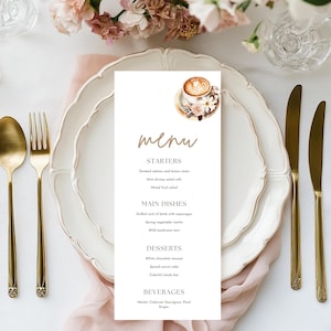 Modelo de menu Love is Brewing Menu de café expresso com leite Cartão de menu de comida para impressão Tema de café Configurações de mesa para festa de noiva Modelo de menu de bebidas
