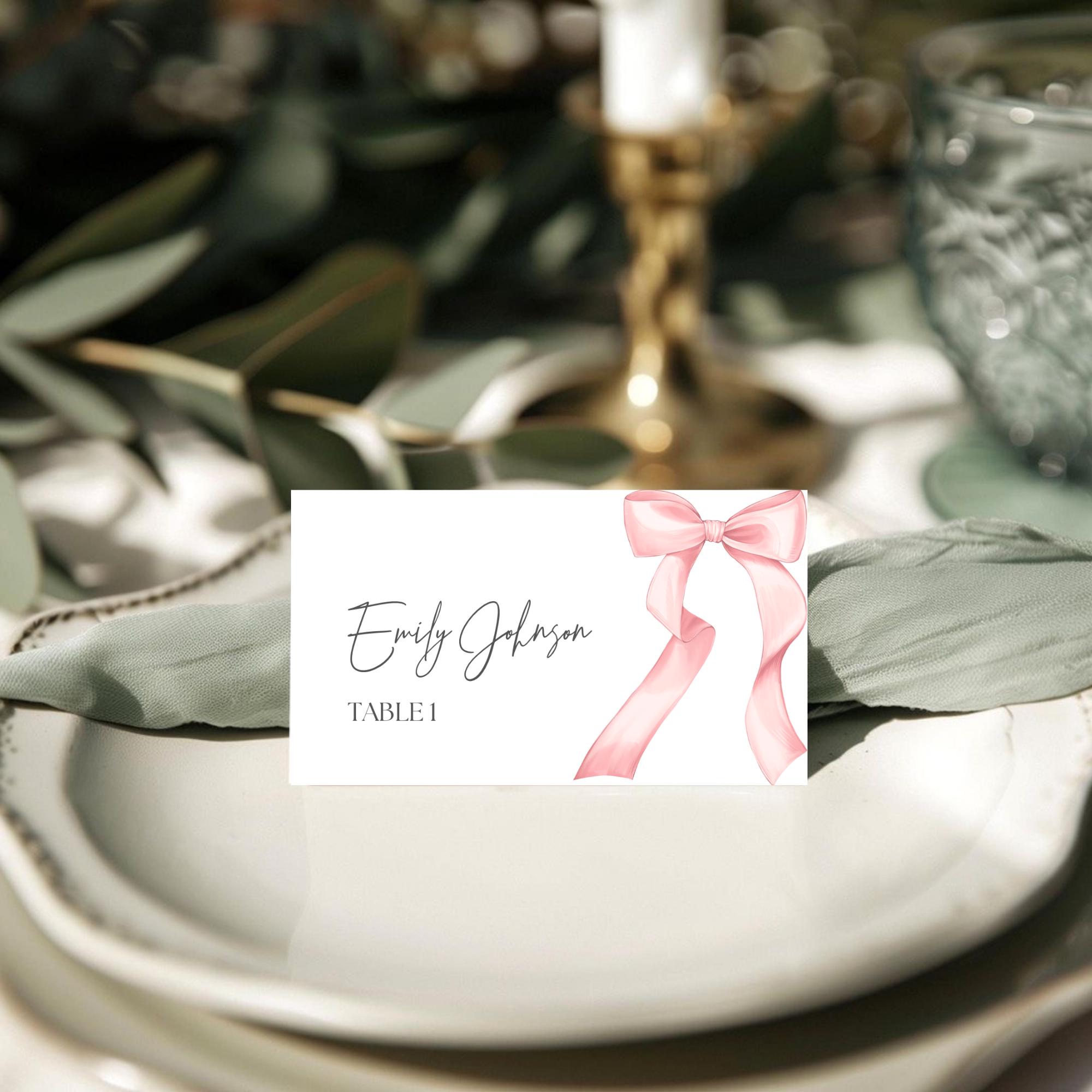 Pink Bow Baby Shower Place Card Template: Coquette Table Setting (Digital Download)