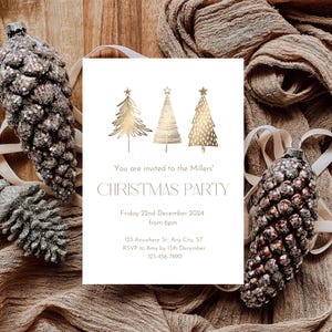 Invitación a fiesta de Navidad, plantilla digital de descarga, invitación imprimible para cena navideña, invitación con árbol de Navidad dorado, tarjeta de celebración festiva