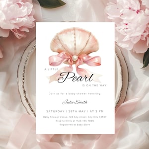 Pearl Baby Shower Invitation Set Printable Baby Girl Shower Invitation Little Pearl is on the Way Baby Shower Cards Template