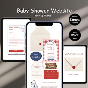 Puede incluir: Un diseño de sitio web para baby shower con tema Baby-Q, que se muestra en tres dispositivos digitales. El diseño incluye formularios RSVP, información de registro y una invitación. El texto incluye "Kindly RSVP by 06/01" y "Click to open..."