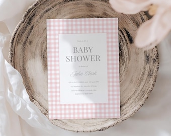 Bearbeitbare Babypartyeinladung: Rosa Gingham-Thema Kundengerechte Canva-Schablone