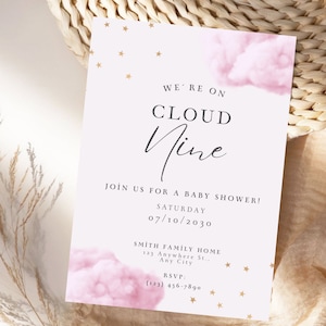 Cloud Nine Baby Girl Shower Invitation Template Printable Cloud Themed Baby Shower Invitation Customizable Pink Invite,CLD104