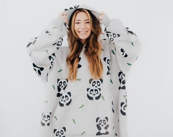 Blanket hoodie sweater with pattern, Hoodie blanket for kids, Oversize sweater, Pullover sweater with PANDA, Cozy sweater, Sherpa blanket