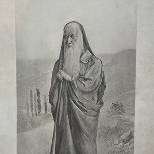 Könnte beinhalten: Schwarzweißporträt eines Mannes mit langem weißem Bart und langem weißem Haar. Er trägt eine lange Robe und hält einen Stab. Das Bild ist mit "Samuel" betitelt.