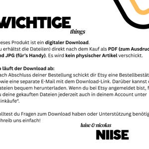 Op de afbeelding: Een digitale download aankondiging met de woorden "WICHTIGE things" in vette zwarte letters. De tekst legt uit dat het product een digitale download is, beschikbaar als PDF- en JPG-bestanden, zonder verzending van een fysiek artikel. Bevat instructies en contactgegevens.