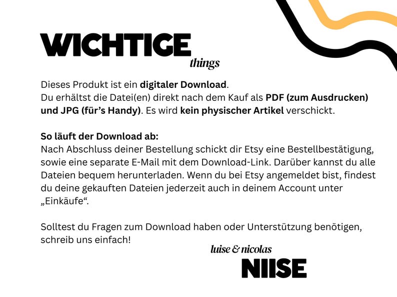 Op de afbeelding: Een digitale download aankondiging met de woorden "WICHTIGE things" in vette zwarte letters. De tekst legt uit dat het product een digitale download is, beschikbaar als PDF- en JPG-bestanden, zonder verzending van een fysiek artikel. Bevat instructies en contactgegevens.