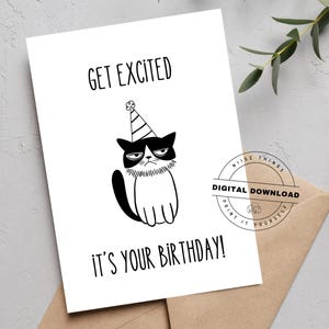 Könnte beinhalten: Eine weiße Geburtstagskarte mit dem Text "GET EXCITED IT'S YOUR BIRTHDAY!" zeigt eine schwarz-weiße Illustration einer grummeligen Katze mit Partyhut. Ein digitaler Download-Stempel ist sichtbar.
