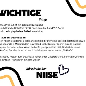 May include: White background with black text that reads "WICHTIGE things". The text describes a digital download available as a PDF file. The image also includes the seller's name and logo.
