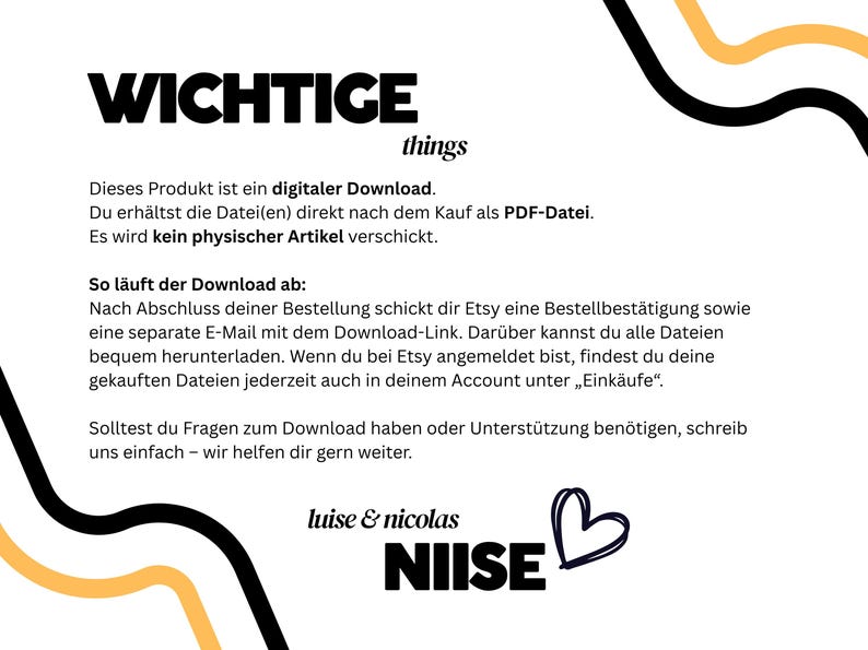 May include: White background with black text that reads "WICHTIGE things". The text describes a digital download available as a PDF file. The image also includes the seller's name and logo.
