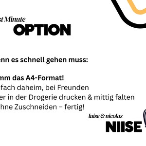 Op de afbeelding: Witte achtergrond met zwarte tekst "Last Minute OPTION". Daaronder staat Duitse tekst "Wenn es schnell gehen muss: Nimm das A4-Format!" met instructies. Hart en woord "NIISE" onderaan.