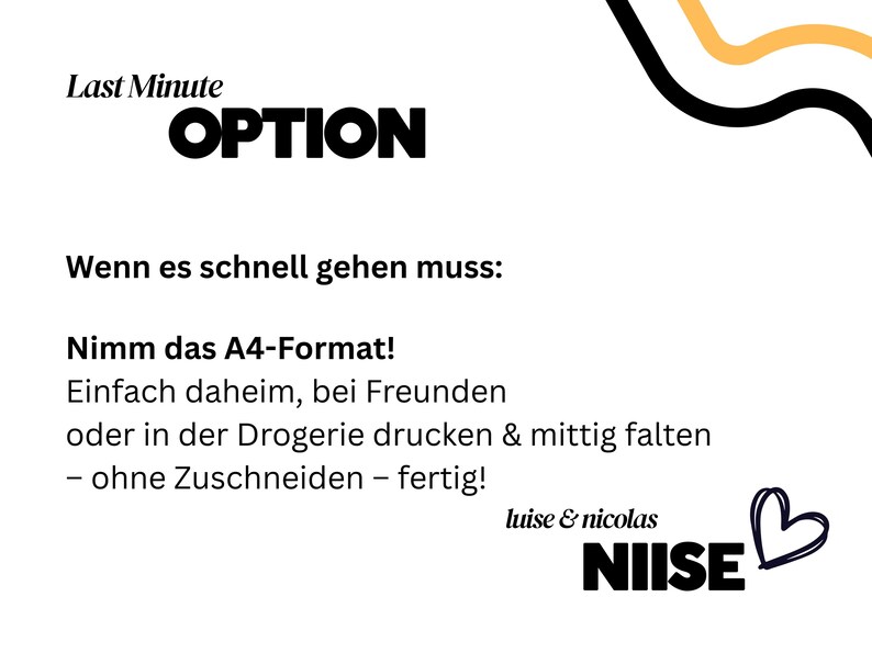 Op de afbeelding: Witte achtergrond met zwarte tekst "Last Minute OPTION". Daaronder staat Duitse tekst "Wenn es schnell gehen muss: Nimm das A4-Format!" met instructies. Hart en woord "NIISE" onderaan.