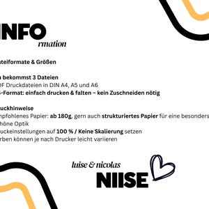 May include: A graphic with the word "INFO" in bold black letters at the top, followed by text in German. The image includes the text "luise & nicolas NIISE" with a heart symbol. Black and yellow curved lines decorate the background.