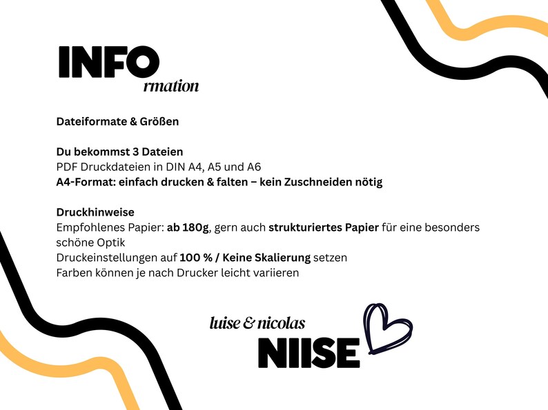 May include: A graphic with the word "INFO" in bold black letters at the top, followed by text in German. The image includes the text "luise & nicolas NIISE" with a heart symbol. Black and yellow curved lines decorate the background.