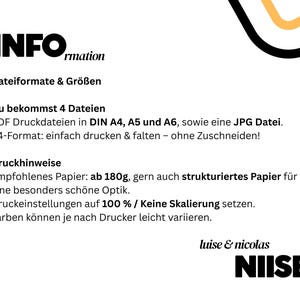 Op de afbeelding: Witte achtergrond met zwarte tekst met informatie over bestandsformaten en afdrukinstructies. De tekst bevat details over PDF- en JPG-bestanden in A4-, A5- en A6-formaten en beveelt aan om op 180g papier te printen. Het "NISE"-logo staat onderaan.