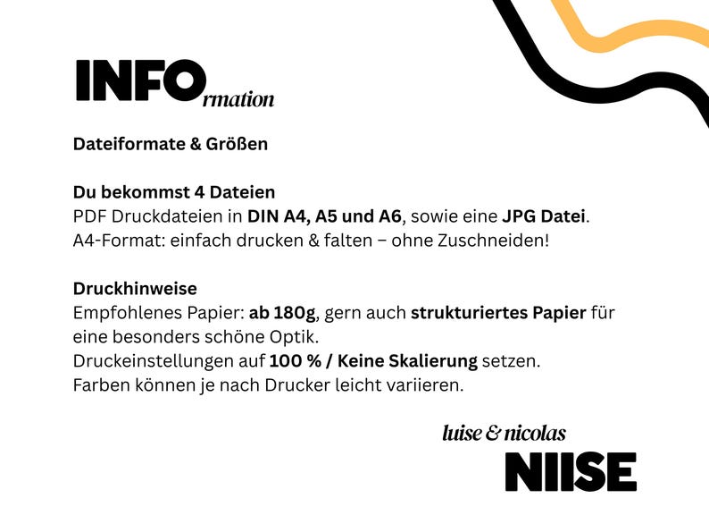 Op de afbeelding: Witte achtergrond met zwarte tekst met informatie over bestandsformaten en afdrukinstructies. De tekst bevat details over PDF- en JPG-bestanden in A4-, A5- en A6-formaten en beveelt aan om op 180g papier te printen. Het "NISE"-logo staat onderaan.