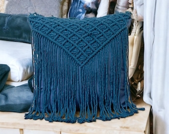 Navy Blue hand knotted tassel cotton macrame pillow cover,Boho,Bohemian,Throw pillow,Gift Idea,Cushion Case