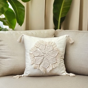 Ivory hand knotted round shape cotton tassel macrame pillow cover,Boho Decor,Throw pillow,30 Different colors
