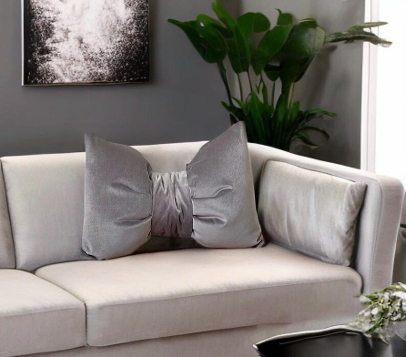 Living  room decor  gray velvet bow pillow