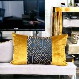 Navy Blue Gold Velvet Lumbar Pillow Cover,Cushion Case,Gift Idea,Hand Made,Housewarming,Livingroom Decor