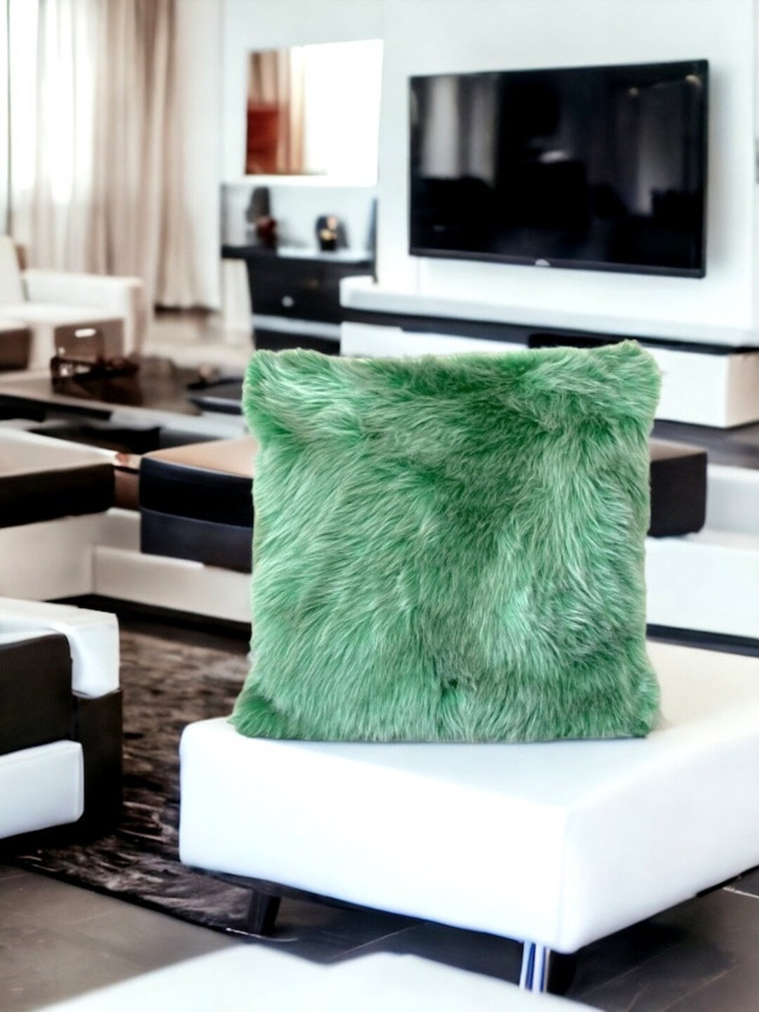 Green Boho Decor Faux Fur Pillow Case,throw Pillows,home Decoration