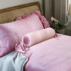 Luxurious Blush Pink Velvet Decorative Bolster Bow Pillow With Insert-Birthday gift-Housewarming gift-Nursery Decor-Bedroom Decor