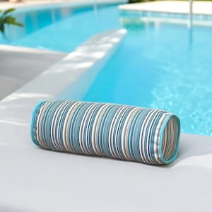 Funda de almohada con ribetes de rayas turquesas para exteriores